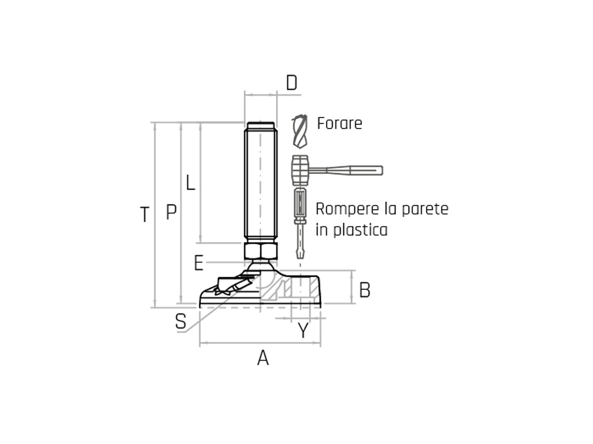 Piede snodato con perno a sfera in acciaio - Modello PRSTA - Base 80mm antiscivolo