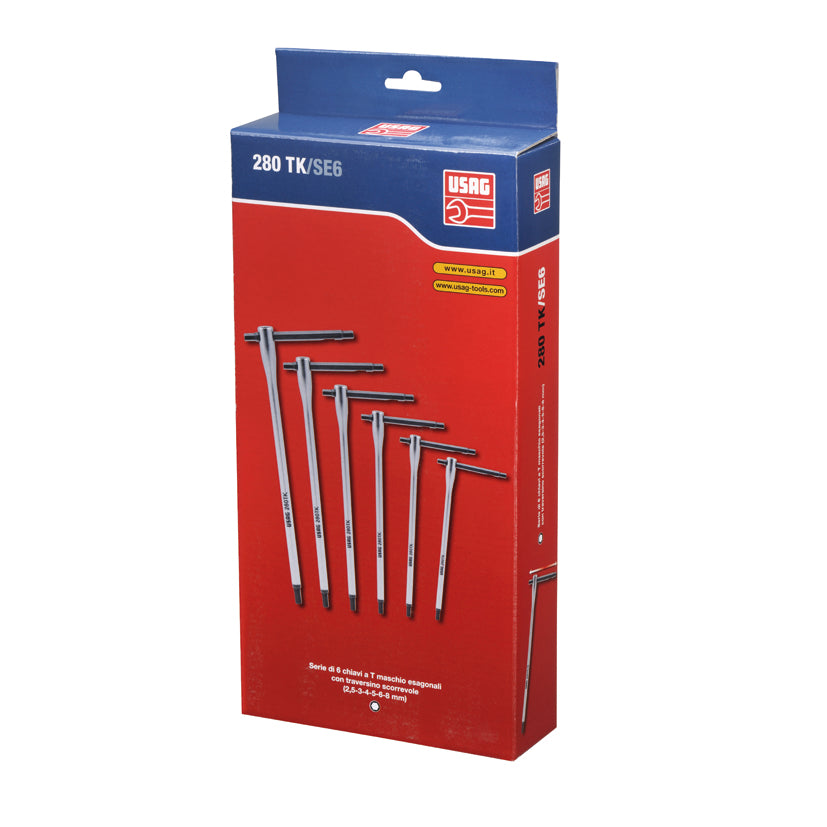 280 TK/SE6 - Serie di 6 chiavi a t maschio esagonale con traversino scorrevole - Usag - U02800020