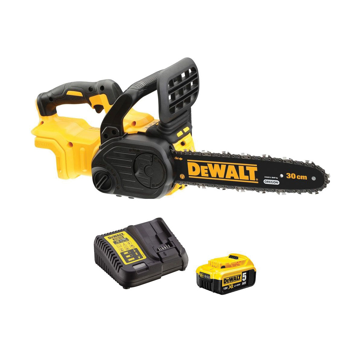 Motosega - Elettrosega Barra 30cm, motore BRUSHLESS batteria XR 5Ah e ACCESSORI - DeWALT