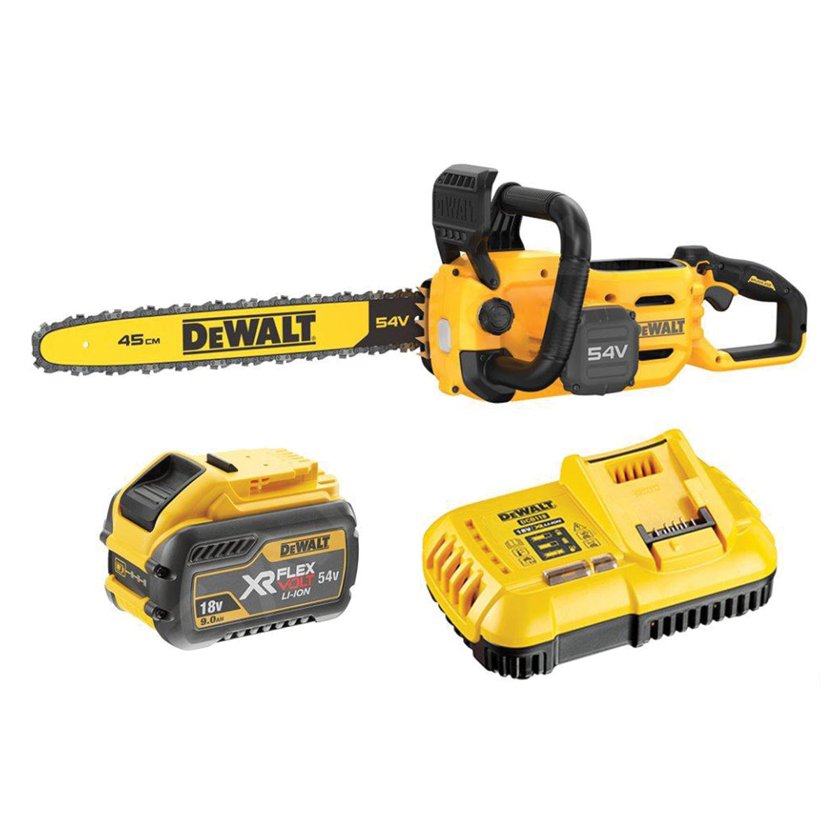 Elettrosega FLEXVOLT Barra 45cm, motore BRUSHLESS batteria 9Ah ad alta potenza e ACCESSORI - DeWALT