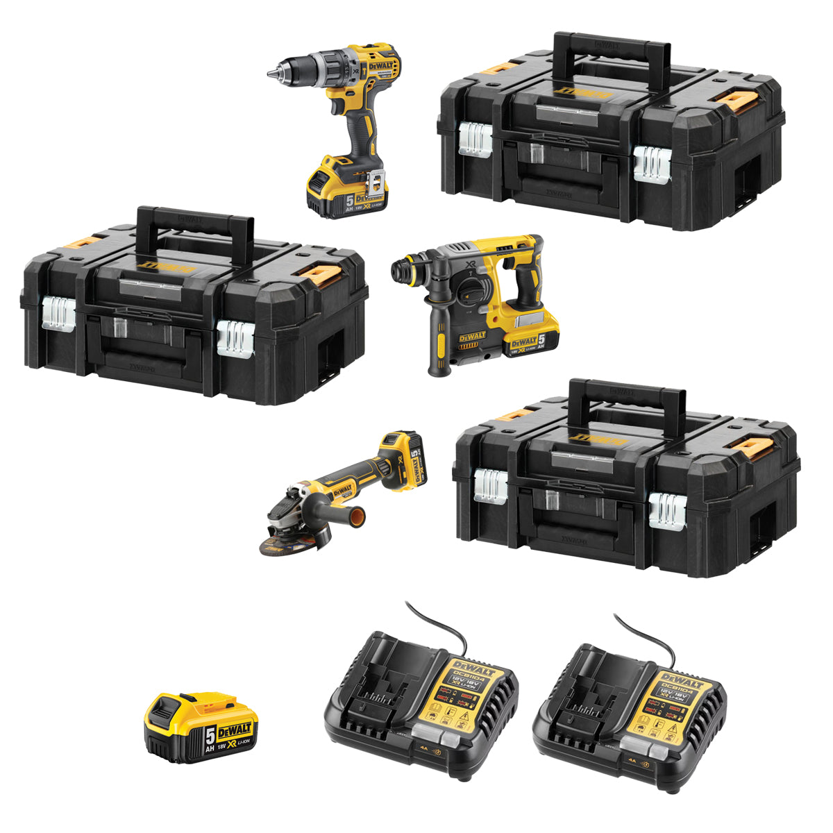 Kit 3 elettroutensili composto di AVVITATORE + TASSELLATORE SDS PLUS + SMERIGLIATRICE in VALIGETTE TSTACK e ACCESSORI - DeWALT - DCK353P4T-IT